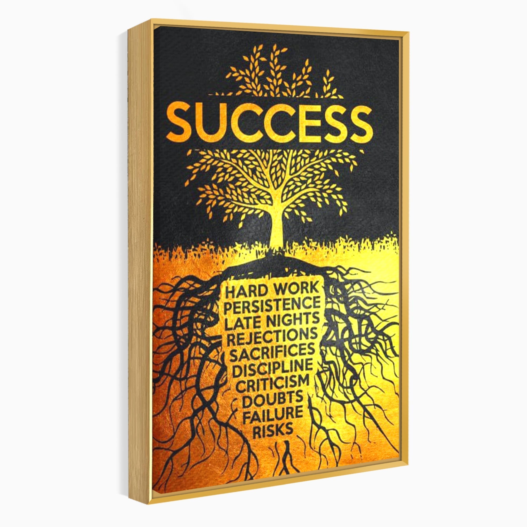 Tablou canvas cu tablou motivational cu arborele succesului, in rama de aluminiu auriu